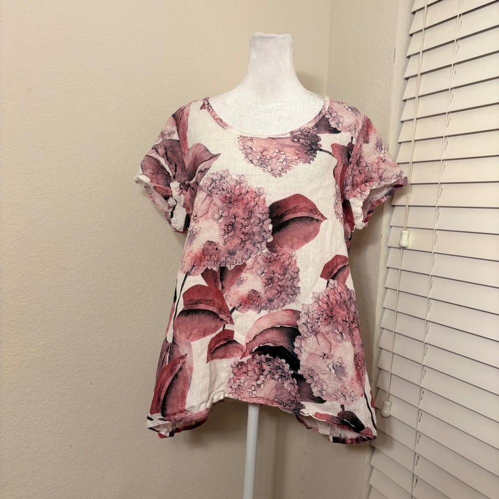 FLAX 100% Linen Hydrangea Floral Tunic Top Pink Purple Botanical Lagenlook Sz S